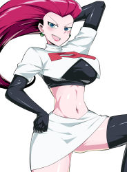 Rule 34 | 1girl, arms up, black gloves, blue eyes, boots, breasts, creatures (company), crop top, elbow gloves, forehead, game freak, gloves, hair slicked back, hand on own hip, highres, jessie (pokemon), lipstick, long hair, makeup, medium breasts, midriff, miniskirt, narrow waist, navel, nintendo, open mouth, pink hair, pokemon, pokemon (anime), pokemon (classic anime), shimure (460), simple background, skirt, smile, solo, spread legs, teeth, thigh boots, thighhighs, tongue, upper teeth only, v-shaped eyebrows, white background