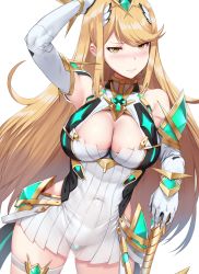 Rule 34 | 1girl, 3:, arm up, armpits, blonde hair, blush, breasts, cleavage, cleavage cutout, closed mouth, clothing cutout, covered navel, cowboy shot, dress, earrings, elbow gloves, gloves, gluteal fold, green panties, hairband, hews, highres, jewelry, large breasts, long hair, looking at viewer, mythra (xenoblade), nintendo, panties, see-through, short dress, sidelocks, simple background, single earring, solo, swept bangs, thigh strap, tsundere, underwear, very long hair, white background, white dress, white gloves, xenoblade chronicles (series), xenoblade chronicles 2, yellow eyes