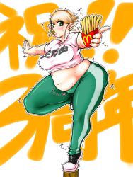 Rule 34 | 1girl, belly, blonde hair, breasts, elf-san wa yaserarenai., elfuda (elf-san wa yaserarenai.), fat, food, french fries, green eyes, highres, large breasts, pointy ears, solo