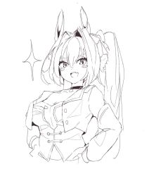 Rule 34 | 1girl, :d, animal ears, blush stickers, bow, breasts, cleavage, cropped jacket, cropped torso, daiwa scarlet (umamusume), fang, greyscale, hair between eyes, hair bow, hair intakes, hands on own hips, highres, horse ears, large breasts, long hair, long sleeves, looking at viewer, monochrome, open mouth, shirt, simple background, smile, solo, sparkle, starting future (umamusume), techi (siro-white 0803), twintails, umamusume, upper body, white background
