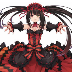 Rule 34 | black hair, blunt bangs, breasts, choker, cleavage, clock eyes, date a live, detached sleeves, gothic lolita, hairband, heterochromia, lolita fashion, lolita hairband, medium breasts, outstretched arms, pak ce, symbol-shaped pupils, tokisaki kurumi, twintails, uneven twintails, white background