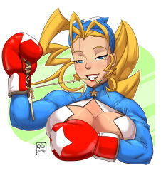 Rule 34 | 1girl, absurdres, bandana, blonde hair, boxing gloves, breasts, capcom, cleavage, cleavage cutout, clothing cutout, drill hair, earrings, gabocaricaturas, highres, jewelry, justice gakuen, large breasts, lipstick, long hair, makeup, solo, star (symbol), star cutout, star earrings, tagme, tiffany lords