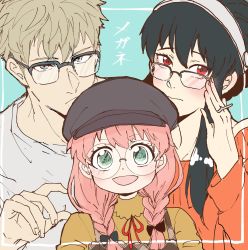Rule 34 | 1boy, 2girls, alternate hairstyle, anya (spy x family), black hair, blonde hair, blue eyes, blush, braid, cabbie hat, child, closed mouth, commentary, family, glasses, green eyes, grenade pin, hat, highres, jewelry, long sleeves, ly spyl, multiple girls, parted lips, pink hair, red eyes, ring, spy x family, symbol-only commentary, twilight (spy x family), twin braids, yor briar