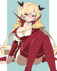 Rule 34 | 1girl, azur lane, black ribbon, blonde hair, blush, breasts, choker, cleavage, closed mouth, collarbone, dress, embarrassed, epaulettes, hair ribbon, large breasts, long hair, long sleeves, looking at viewer, nelson (azur lane), red eyes, ribbon, solo, takahashi (k2ta7), thighhighs, twintails, very long hair, white choker