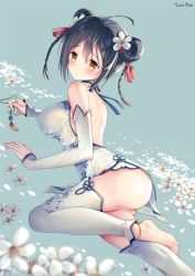 Rule 34 | 1girl, ahoge, amulet, anklet, ass, back, bare shoulders, barefoot, black hair, blush, braid, breasts, brown eyes, cherry blossoms, china dress, chinese clothes, commentary request, covered erect nipples, detached leggings, detached sleeves, double bun, dress, feet, flower, hair flower, hair ornament, highres, jewelry, large breasts, long hair, looking at viewer, lying, no bra, no panties, on side, original, side slit, sleeves past wrists, solo, sousouman, tears, toes, twin braids, white dress, white legwear