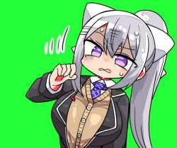 Rule 34 | 1girl, black jacket, blazer, bow, breasts, brown cardigan, cardigan, collared shirt, green background, hair between eyes, hair bow, higuchi kaede, higuchi kaede (1st costume), jacket, kanikama, large breasts, leaning to the side, long hair, long sleeves, looking at viewer, mole, mole under eye, motion lines, necktie, nijisanji, open clothes, open jacket, parted lips, ponytail, purple necktie, school uniform, shirt, sidelocks, silver hair, simple background, solo, sweat, turn pale, upper body, very long hair, virtual youtuber, white bow, white shirt