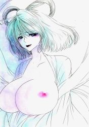Rule 34 | blue hair, breast hold, breasts, breasts out, collarbone, dress, hair ornament, hair rings, hair stick, highres, huge breasts, kaku seiga, looking at viewer, muted color, nipples, open clothes, open dress, pastel (medium), sash, smile, solo, touhou, traditional media, upper body, uzuharu (uduharu)