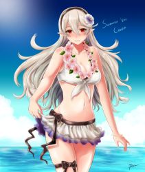 Rule 34 | 1girl, bad id, bad twitter id, beach, bikini, breasts, cleavage, cleavage cutout, clothing cutout, corrin (female) (fire emblem), corrin (female) (summer) (fire emblem), corrin (fire emblem), day, fire emblem, fire emblem fates, fire emblem heroes, flower, flower necklace, full body, hair flower, hair ornament, highres, jewelry, large breasts, lei, long hair, looking at viewer, medium breasts, necklace, nintendo, official alternate costume, pointy ears, red eyes, silver hair, skirt, smile, solo, standing, swimsuit, yori (a a yori)
