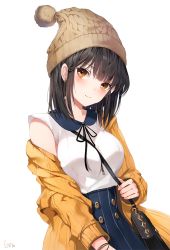 Rule 34 | 1girl, artist name, bag, beanie, between breasts, black hair, blush, breasts, brown eyes, cardigan, drop earrings, earrings, emyo, hair between eyes, hat, head tilt, holding, holding bag, holding strap, jewelry, large breasts, light smile, looking at viewer, off shoulder, original, ribbon, short hair, short sleeves, signature, simple background, solo, strap between breasts, upper body, white background, wristband