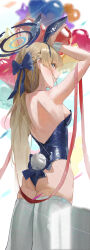 Rule 34 | 1girl, absurdres, animal ears, bare shoulders, blonde hair, blue archive, blue bow, blue eyes, blue hair, blue leotard, blush, bow, breasts, fake animal ears, fake tail, from behind, hair bow, halo, hands up, highres, kji (rozo), leotard, long hair, medium breasts, multicolored hair, official alternate costume, playboy bunny, rabbit ears, school uniform, sideboob, solo, tail, thighhighs, toki (blue archive), toki (bunny) (blue archive), tokisadame school uniform, two-tone hair, white thighhighs