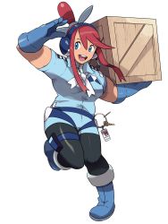 Rule 34 | 1girl, absurdres, alternate body size, blue eyes, blue gloves, boots, box, carrying, creatures (company), game freak, gloves, headset, highres, juno son, charm (object), muscular, muscular female, nintendo, pantyhose, pantyhose under shorts, pokemon, pokemon bw, red eyes, redesign, short jumpsuit, short sleeves, shorts, skyla (pokemon), solo, standing, standing on one leg