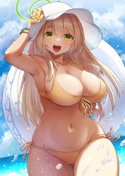 Rule 34 | 1girl, ako suke, armpits, bikini, blue archive, blush, bouncing breasts, bracelet, breasts, cameltoe, cleavage, curvy, flower, front-tie bikini top, front-tie top, green eyes, groin, halo, hand on headwear, hand up, hat, hat flower, highres, innertube, jewelry, large breasts, long hair, looking at viewer, narrow waist, navel, nonomi (blue archive), nonomi (swimsuit) (blue archive), ocean, official alternate costume, open mouth, side-tie bikini bottom, solo, stomach, sun hat, swept bangs, swim ring, swimsuit, teeth, thick thighs, thighs, upper teeth only, wet, white hat, wide hips, yellow bikini
