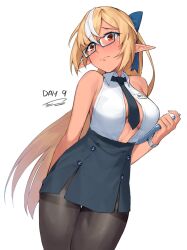 Rule 34 | 1girl, alternate costume, arm behind back, bespectacled, black necktie, black skirt, blonde hair, blue-framed eyewear, blue bow, blush, bow, breasts, cleavage, cleavage cutout, closed mouth, clothing cutout, collared shirt, commentary, cowboy shot, dark-skinned female, dark skin, dasdokter, embarrassed, english commentary, frown, furrowed brow, glasses, hair bow, highres, hololive, long hair, looking at viewer, medium breasts, miniskirt, multicolored hair, necktie, pantyhose, pointy ears, red eyes, shiranui flare, shirt, shirt tucked in, side slit, signature, simple background, skirt, sleeveless, sleeveless shirt, solo, standing, thick thighs, thigh gap, thighband pantyhose, thighs, two-tone hair, virtual youtuber, watch, white background, white hair, white shirt, wing collar, wristwatch