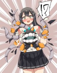 Rule 34 | !?, 1girl, abyssal ship, black hair, black skirt, black vest, blush, breasts, breasts out, brown background, commentary request, crack, dress shirt, enemy naval mine (kancolle), gloves, glowing, glowing eye, green eyes, hair ornament, hairclip, halloween, highres, holding, kantai collection, long hair, medium breasts, nipples, open mouth, oyashio (kancolle), pleated skirt, shirt, skirt, solo, sweatdrop, teeth, tentacles, torn clothes, torn shirt, torn vest, vest, wasumi kei, white gloves, white shirt