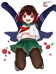 Rule 34 | 1girl, black pantyhose, bobokuboboku, brown hair, character name, crescent, crescent pin, dated, full body, gradient hair, green sailor collar, green skirt, jacket, jumping, kantai collection, looking at viewer, multicolored hair, mutsuki (kancolle), mutsuki kai ni (kancolle), neckerchief, one-hour drawing challenge, open mouth, pantyhose, pleated skirt, red hair, red neckerchief, round teeth, sailor collar, school uniform, serafuku, short hair, simple background, skirt, smile, solo, teeth, twitter username, upper teeth only, white background