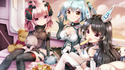 Rule 34 | 3girls, artery gear, black hair, breasts, brown eyes, cleavage, cleavage cutout, clothing cutout, cookie, cupcake, elbow gloves, food, gloves, headgear, heart, heart-shaped pupils, highres, indoors, large breasts, leila pegas, long hair, looking at viewer, macaron, medium breasts, mel cyclop, multiple girls, mvv, nio silen, pink hair, popsicle, red eyes, silver hair, skin tight, stuffed animal, stuffed toy, symbol-shaped pupils, teddy bear, thighhighs
