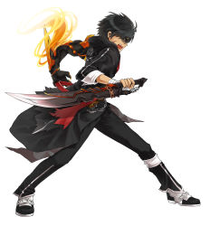 Rule 34 | 1boy, absurdres, alternate costume, bandages, black hair, black pants, coat, elsword, fire, full body, glasses, highres, ivy60530, jacket, male focus, mechanical arms, open mouth, pants, raven cronwell, reverse grip, scar, shoes, single mechanical arm, solo, sword, weapon, white background