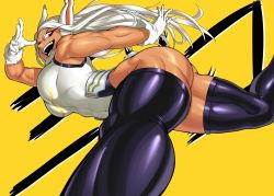 Rule 34 | 1girl, absurdres, animal ears, biceps, black thighhighs, boku no hero academia, breasts, commentary, crazy smile, dark-skinned female, dark skin, english commentary, fang, foreshortening, from below, fur collar, highleg, highleg leotard, highres, impossible clothes, impossible leotard, large breasts, leotard, long eyelashes, long hair, lyuka, mirko, muscular, muscular female, nose, open mouth, rabbit ears, rabbit girl, rabbit tail, red eyes, running, silver hair, sleeveless, smile, solo, tail, taut leotard, thick thighs, thighhighs, thighs, white background, white leotard, yellow background