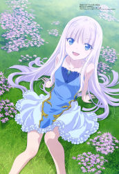 Rule 34 | 1girl, :d, absurdres, arm support, bare arms, blue dress, blue eyes, blunt bangs, collarbone, dress, field, flower, grass, highres, horii kumi, kenja no deshi wo nanoru kenja, long hair, looking at viewer, megami magazine, mira (kendeshi), official art, open mouth, purple flower, scan, sidelocks, silver hair, sitting, smile, solo