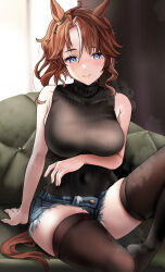 Rule 34 | 1girl, absurdres, animal ears, armpit crease, bare shoulders, black sweater, black thighhighs, blue eyes, blush, breasts, brown hair, closed mouth, commentary request, couch, denim, denim shorts, ear ornament, highres, horse ears, horse girl, horse tail, indoors, large breasts, looking at viewer, medium hair, mejiro palmer (umamusume), multicolored hair, on couch, po musubi, shorts, skindentation, sleeveless, sleeveless turtleneck, solo, streaked hair, sweater, tail, thighhighs, turtleneck, turtleneck sweater, umamusume, visible air, white hair