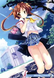 Rule 34 | 1girl, absurdres, blue panties, brown eyes, brown hair, dutch angle, highres, charm (object), legs, panties, pantyshot, school uniform, socks, solo, striped clothes, striped panties, takashina masato, tree, twintails, underwear, white panties, wind, wind lift