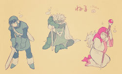Rule 34 | 1girl, 2boys, breasts, closed mouth, commentary request, crest, curly hair, dragon quest, dragon quest ii, dress, goggles, goggles on head, goggles on headwear, hat, hood, hood up, long hair, long sleeves, multiple boys, open mouth, prince of lorasia, prince of samantoria, princess, princess of moonbrook, purple hair, robe, sleeping, spiked hair, staff, sword, weapon, white robe, yuza
