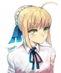 Rule 34 | 1girl, ahoge, artoria pendragon (fate), blonde hair, character name, fate/stay night, fate (series), green eyes, hair ribbon, looking at viewer, ribbon, rushi (bloodc), saber (fate), short hair, sketch, solo, upper body