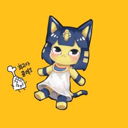 Rule 34 | 1girl, :&lt;, absurdres, animal crossing, animal ears, ankha (animal crossing), barefoot, black eyes, black outline, blonde hair, blue fur, blue hair, blunt bangs, blush, blush stickers, bob cut, body fur, boned meat, cat ears, cat girl, cat tail, chibi, dress, egyptian, female focus, flat chest, food, full body, furry, furry female, haembokeyo, hair ornament, highres, jewelry, korean text, looking up, meat, multicolored hair, necklace, nintendo, orange background, outline, short hair, sidelocks, simple background, sleeveless, sleeveless dress, snake hair ornament, solo focus, striped tail, tail, translation request, two-tone fur, two-tone hair, white dress, yellow fur