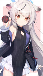 Rule 34 | 1girl, animal ears, basa rutan, black coat, black dress, blue archive, blue halo, blush, closed mouth, coat, commentary, cowboy shot, dress, grey hair, halo, highres, holding, kokona (blue archive), long hair, looking at viewer, open clothes, open coat, orange eyes, smile, solo, striped clothes, striped coat, striped dress, tiger ears, vertical-striped clothes, vertical-striped coat, vertical-striped dress
