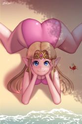 Rule 34 | 1girl, artist name, ass, beach, blonde hair, blue eyes, blush, breasts, circlet, cleavage, earrings, elf, head rest, highres, huge ass, jewelry, large breasts, long hair, looking at viewer, looking up, nintendo, one-piece swimsuit, parted bangs, pink one-piece swimsuit, pointy ears, princess zelda, smile, solo, sparkle, swimsuit, the legend of zelda, the legend of zelda: a link between worlds, triforce, water, zelc-face