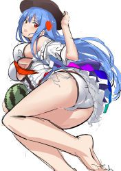 Rule 34 | 1girl, absurdres, ass, bad id, bad pixiv id, barefoot, bikini, blue hair, breasts, female focus, food, fruit, hat, highres, hinanawi tenshi, large breasts, long hair, looking at viewer, neropaso, open clothes, open mouth, open shirt, red eyes, shirt, side-tie bikini bottom, sketch, solo, swimsuit, touhou, underboob, very long hair, watermelon, white bikini