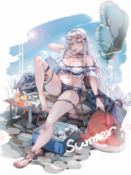 Rule 34 | absurdres, ahoge, arknights, arm up, balloon, bare shoulders, barefoot, bird, black choker, black shorts, blue sky, blush, bottle, bracelet, breasts, choker, cleavage, cooler, creature, crop top, cup, day, drink, drinking glass, eyewear on head, food, highres, ice, ice cube, infection monitor (arknights), inflatable orca, inflatable toy, jewelry, knee up, large breasts, long hair, looking at viewer, mouth hold, navel, off-shoulder shirt, off shoulder, official alternate costume, orange-tinted eyewear, orca hair ornament, oreshki, outdoors, popsicle, red eyes, sandals, shirt, short shorts, short sleeves, shorts, single sandal, sitting, skadi (arknights), skadi (waverider) (arknights), skindentation, sky, sun, sunglasses, thigh strap, tinted eyewear, very long hair, white shirt