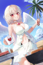 Rule 34 | 1girl, :d, absurdres, babydoll, bare shoulders, beach, blush, breasts, chest jewel, choker, cleavage, coconut tree, collarbone, commission, cooking, cup, day, feathered wings, food, grilling, grin, heart, highres, holding, holding cup, holding tongs, kokukyukeo, large breasts, long hair, long sleeves, looking at viewer, low twintails, meat, mug, ocean, open mouth, original, outdoors, palm tree, red eyes, ribbon choker, sarong, see-through, smile, solo, tongs, tree, twintails, very long hair, white hair, white wings, wings