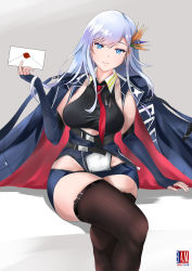 Rule 34 | 1girl, 3 a.m., absurdres, azur lane, black thighhighs, blue eyes, blue hair, breasts, clothing cutout, coat, coat on shoulders, commentary request, envelope, fingerless gloves, gloves, hair ornament, highres, holding, holding envelope, large breasts, thighhighs, ticonderoga (azur lane)