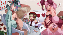 Rule 34 | 2boys, 3girls, absurdres, ambiguous penetration, animal ears, ass, ass grab, bell orgel, blush, body fur, breast licking, breasts, breasts apart, bunny ears, bunny tail, card, carrot, cup, dress, drooling, erect nipples, faceless, faceless male, flower, formal, green hair, green suit, grey hair, grin, hat, hat ribbon, heart, heart-shaped pupils, hetero, highres, large breasts, leotard, licking, looking at another, looking at viewer, looking back, mad hatter (monster girl encyclopedia), march hare (monster girl encyclopedia), monster girl, monster girl encyclopedia, mug, multicolored hair, multiple boys, multiple girls, mushroom, naughty face, necktie, pantyhose, pink hair, playing card, presenting, purple hair, pussy peek, rabbit girl, red hair, red headwear, red leotard, ribbon, sex, sex from behind, short hair, smile, streaked hair, suit, symbol-shaped pupils, table, tail, tongue, tongue out, trumpart (monster girl encyclopedia), white dress