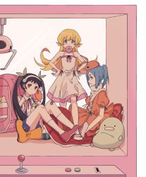 Rule 34 | 3girls, :3, backpack, bag, bandaid, bandaid on knee, bandaid on leg, bare shoulders, black hair, blonde hair, blue hair, blue skirt, blush stickers, boots, bow, bracelet, breasts, closed mouth, coin slot, collared shirt, commentary, controller, crane game, dot mouth, doughnut, dress, dress bow, dress shirt, expressionless, food, food in mouth, frilled dress, frills, full body, googly eyes, green bracelet, green ribbon, gurage, hachikuji mayoi, hair ribbon, hairband, hands on own hips, hat, highres, in crane game, jewelry, joystick, knees up, long hair, looking ahead, looking at viewer, monogatari (series), mouth hold, multiple girls, neck ribbon, no socks, ononoki yotsugi, orange dress, orange hat, oshino shinobu, parted bangs, pink bag, pink bow, pink dress, pink ribbon, pleated skirt, profile, push-button, red footwear, ribbon, rubber boots, sandals, school uniform, shirt, shoes, sitting, skirt, small breasts, socks, standing, star (symbol), stuffed animal, stuffed toy, sundress, suspender skirt, suspenders, teddy bear, toes, twintails, two-tone dress, white dress, white footwear, white hairband, white shirt, white socks, yellow eyes, yellow footwear
