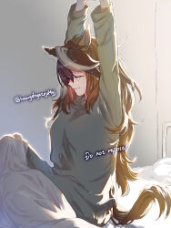 Rule 34 | 1girl, animal ears, arms up, bed, blanket, brown hair, closed eyes, closed mouth, commentary request, english text, grey sweater, hair between eyes, horse ears, horse girl, horse tail, long sleeves, multicolored hair, omotil, on bed, solo, streaked hair, stretching, sweater, symboli rudolf (umamusume), tail, twitter username, umamusume, waking up, white hair