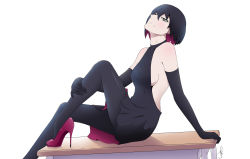Rule 34 | 10s, 1girl, alternate costume, backless outfit, black dress, black gloves, black hair, black pantyhose, breasts, cleavage, colored inner hair, dress, elbow gloves, empty eyes, gloves, head tilt, high heels, highres, j adsen, looking at viewer, monogatari (series), multicolored hair, oshino ougi, owarimonogatari, pantyhose, sideboob, sitting, small breasts, smile, solo, two-sided fabric, two-sided skirt