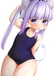 Rule 34 | 1girl, absurdres, arm up, blue eyes, cameltoe, collarbone, commentary request, covered navel, cowboy shot, highres, holding, holding own hair, horns, kanna kamui, kobayashi-san chi no maidragon, long hair, one-piece swimsuit, ribbon, school swimsuit, silver hair, solo, swimsuit, tail, teii (teii0205), thighs, upper body