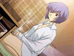 Rule 34 | 1girl, ayanami raising project, ayanami rei, blue hair, cup, dutch angle, game cg, neon genesis evangelion, open clothes, open shirt, pale skin, red eyes, seiza, shirt, short hair, sitting, solo, steam
