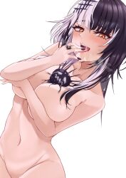 Rule 34 | 1girl, absurdres, black hair, breasts, collarbone, completely nude, hair ornament, highres, hololive, hololive english, large breasts, long hair, looking at viewer, multicolored hair, navel, nixour, nude, open mouth, shiori novella, solo, split-color hair, tongue, tongue out, two-tone hair, virtual youtuber, white background, white hair, yellow eyes, yorick (shiori novella)