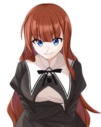 Rule 34 | 1girl, assault lily, black ribbon, black skirt, blue eyes, breasts, brown hair, buttons, closed mouth, commentary, cropped jacket, crossed arms, hair between eyes, high-waist skirt, highres, juliet sleeves, kaede johan nouvel, large breasts, long hair, long sleeves, looking at viewer, neck ribbon, puffy sleeves, ribbon, sasaki33916, school uniform, shirt, sidelocks, simple background, skirt, smile, solo, upper body, very long hair, white background, white shirt, yurigaoka girls academy school uniform
