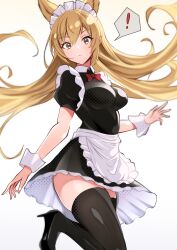 Rule 34 | !, 1girl, absurdres, black dress, black footwear, black thighhighs, blonde hair, bow, bowtie, breasts, cowboy shot, dress, high heels, highres, impossible clothes, impossible dress, looking at viewer, maid, maid headdress, medium breasts, original, puffy short sleeves, puffy sleeves, red bow, red bowtie, short dress, short sleeves, simple background, solo, spoken exclamation mark, thighhighs, white background, wrist cuffs, yellow eyes, yoshiwo senpai