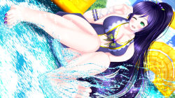 Rule 34 | 1girl, ;), alternate hairstyle, aqua eyes, arm garter, arm ribbon, artist name, artist request, bare legs, bare shoulders, barefoot, blue bow, blue nail polish, blue nails, blue one-piece swimsuit, blue skirt, blue sky, blush, bow, breasts, cleavage, cloud, collarbone, day, feet, female focus, flower print, frills, full body, green eyes, hair bobbles, hair ornament, high ponytail, highres, leaf hair ornament, legwear garter, long hair, looking at viewer, love live!, love live! school idol festival, love live! school idol project, medium breasts, nail polish, one-piece swimsuit, one eye closed, outdoors, parted lips, ponytail, purple hair, ribbon, single legwear garter, skirt, sky, smile, solo, splashing, striped bow, striped ribbon, swept bangs, swimsuit, toenail polish, toenails, tojo nozomi, white bow, white ribbon, white skirt