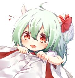 Rule 34 | 2girls, aged down, ahoge, bow, ex-keine, fujiwara no mokou, green hair, hair between eyes, highres, horn bow, horn ornament, horns, kamishirasawa keine, looking at viewer, looking up, multiple girls, musical note, pudding (skymint 028), red eyes, shirt, smile, spoken musical note, suspenders, tail, white shirt