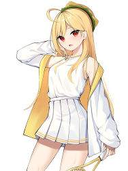 Rule 34 | 1girl, absurdres, ahoge, arm up, bare shoulders, blonde hair, contrapposto, cowboy shot, hamburger hat, hat, highres, holding, jacket, jingburger, long hair, long sleeves, looking at viewer, miniskirt, off shoulder, open clothes, open jacket, open mouth, pleated skirt, racket, red eyes, shirt, shirt tucked in, simple background, skirt, sleeveless, sleeveless shirt, solo, standing, sweat, tennis racket, virtual youtuber, waktaverse, white background, white jacket, white shirt, white skirt, ziro (zirorong)