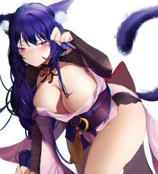 Rule 34 | 1girl, absurdres, animal ears, bell, bent over, blush, bow, braid, breasts, bridal gauntlets, cat ears, cat tail, cleavage, clenched hands, collarbone, commentary request, cowboy shot, downblouse, flower, furrification, furry, furry female, genshin impact, highres, japanese clothes, kemonomimi mode, kimono, large bow, large breasts, leaning forward, long hair, looking at viewer, messy hair, mitsudomoe (shape), mole, neck bell, obi, obiage, obijime, paw pose, purple eyes, purple flower, purple hair, raiden shogun, sash, simple background, single braid, solo, tail, tassel, thighs, tomoe (symbol), very long hair, white background, xiongshouji