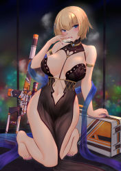 Rule 34 | 1girl, armlet, bare shoulders, barefoot, black dress, blonde hair, blue eyes, blush, breasts, cleavage, commentary, dress, english commentary, full body, girls&#039; frontline, gun, hair ornament, highres, kneeling, large breasts, looking at viewer, nail polish, navel, parted lips, popoman, purple nails, short hair, sleeveless, solo, thighs, vsk-94 (girls&#039; frontline), vsk-94 (night on the silver bay) (girls&#039; frontline), weapon