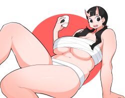 1girl absurdres assha_(schector) black_eyes black_hair blunt_bangs breasts chest_sarashi cleavage commentary_request dungeon_meshi feet_out_of_frame fingernails food highres horns huge_breasts inutade long_hair looking_at_viewer navel onigiri open_mouth panties plump red_background sagging_breasts sarashi simple_background skin-covered_horns smile solo two-tone_background underboob underwear white_background white_panties