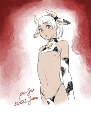 Rule 34 | 1boy, 2021, animal costume, animal ears, animal print, bell, chinese zodiac, cow costume, cow ears, cow horns, cow print, cowbell, fake horns, horns, male focus, nipples, original, po-ju, trap, year of the ox